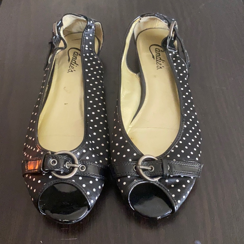 Candies polka dot ballerina slip on open toe silver buckles front and back 7.5
